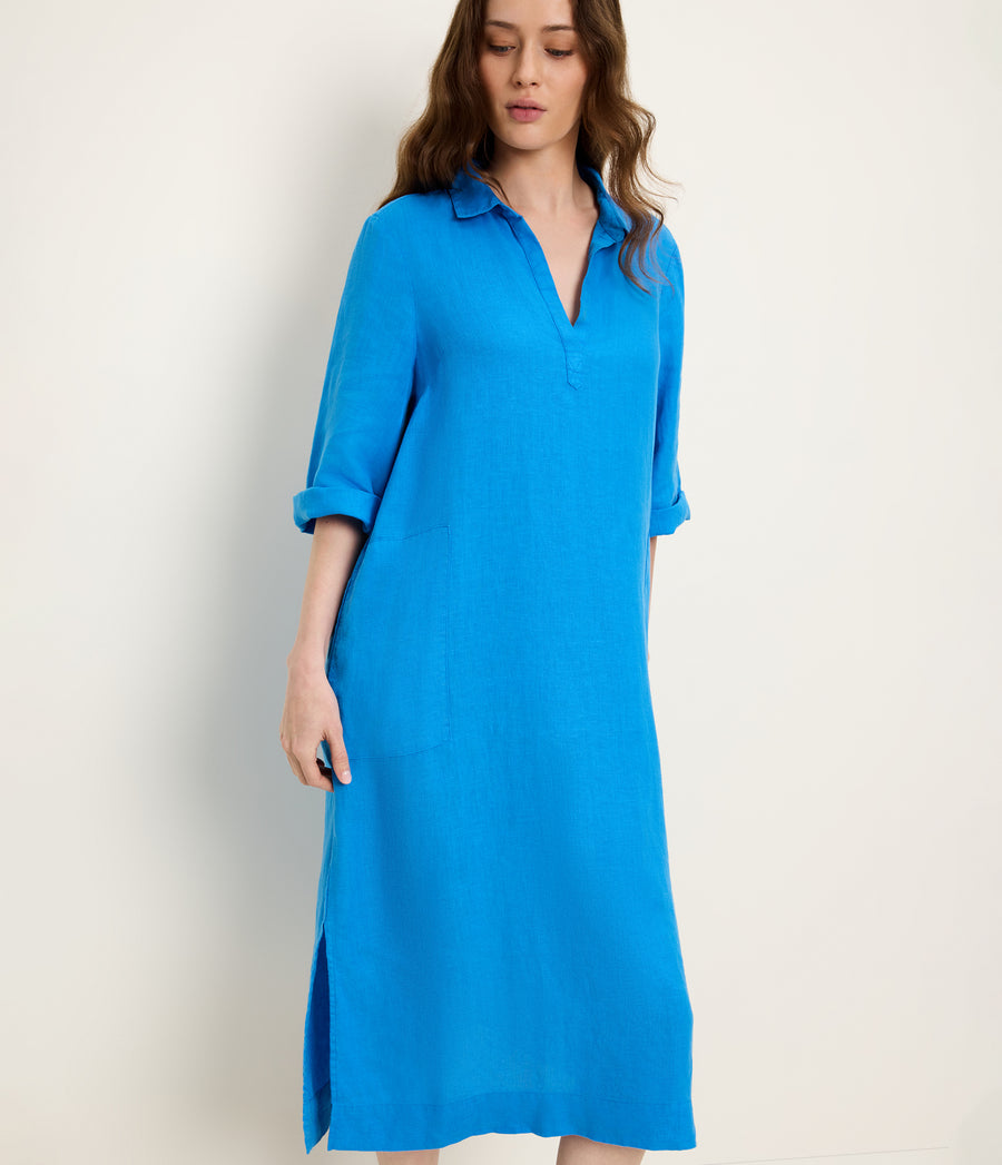 Briony Linen Shirtdress in PACIFIC BLUE Close up View #PACIFIC