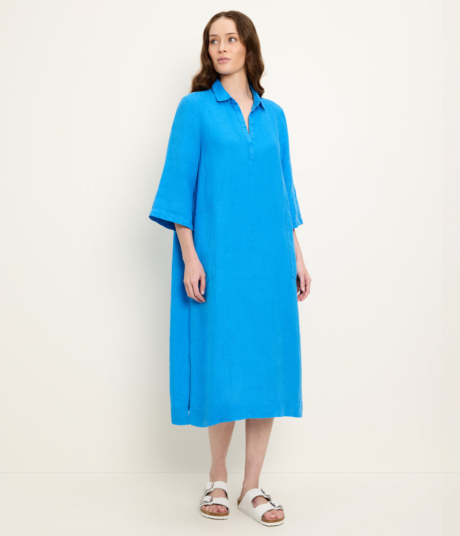 Briony Linen Shirtdress in PACIFIC BLUE Full Body View #PACIFIC