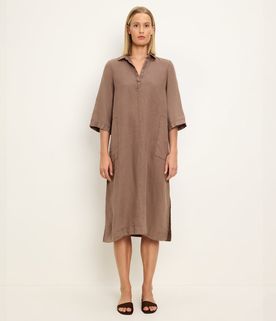 Briony Linen Shirtdress in QUICKSAND Brown Close up View #QUICKSAND