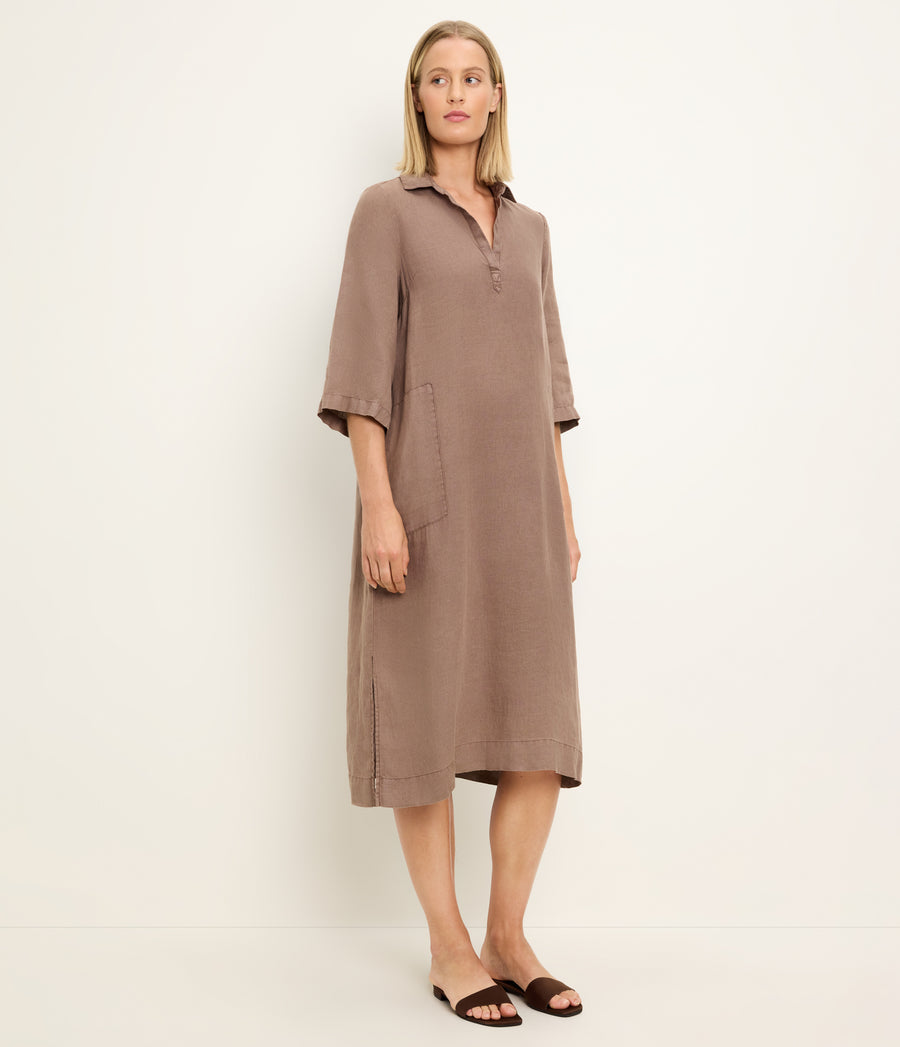 Briony Linen Shirtdress in QUICKSAND Brown Side View #QUICKSAND