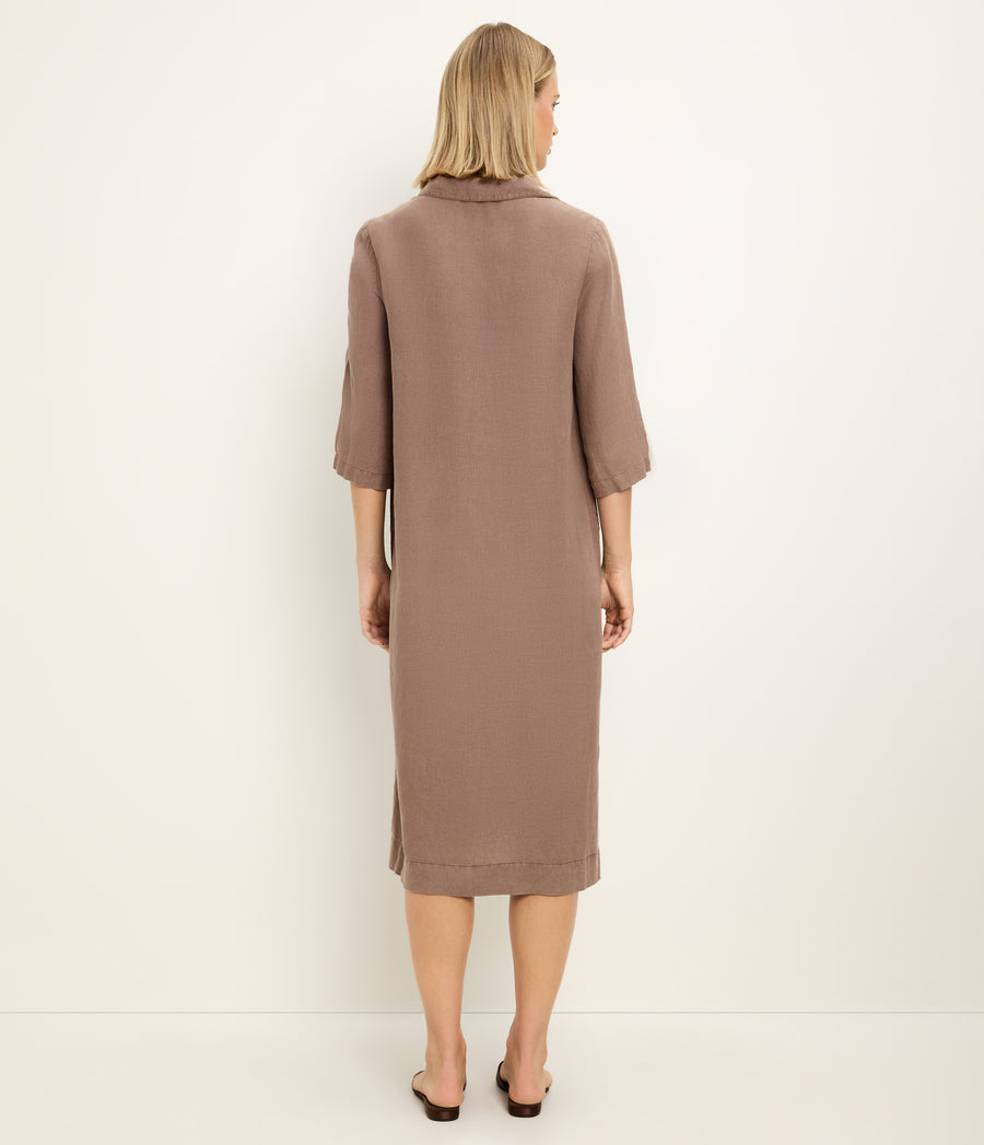 Briony Linen Shirtdress in QUICKSAND Brown Back View #QUICKSAND