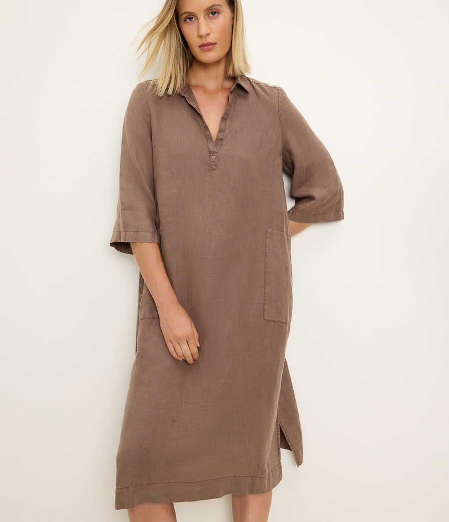 Briony Linen Shirtdress in QUICKSAND Brown Close up View #QUICKSAND