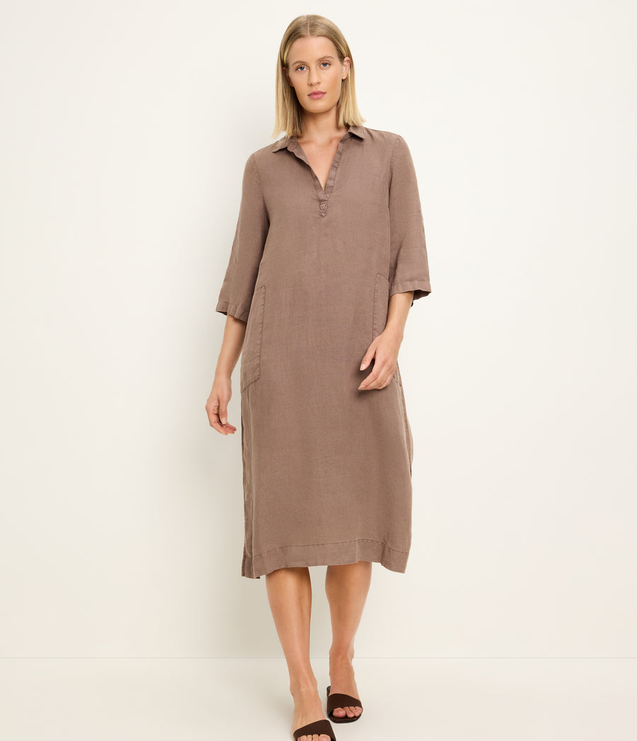 Briony Linen Shirtdress in QUICKSAND Brown Full Body View #QUICKSAND