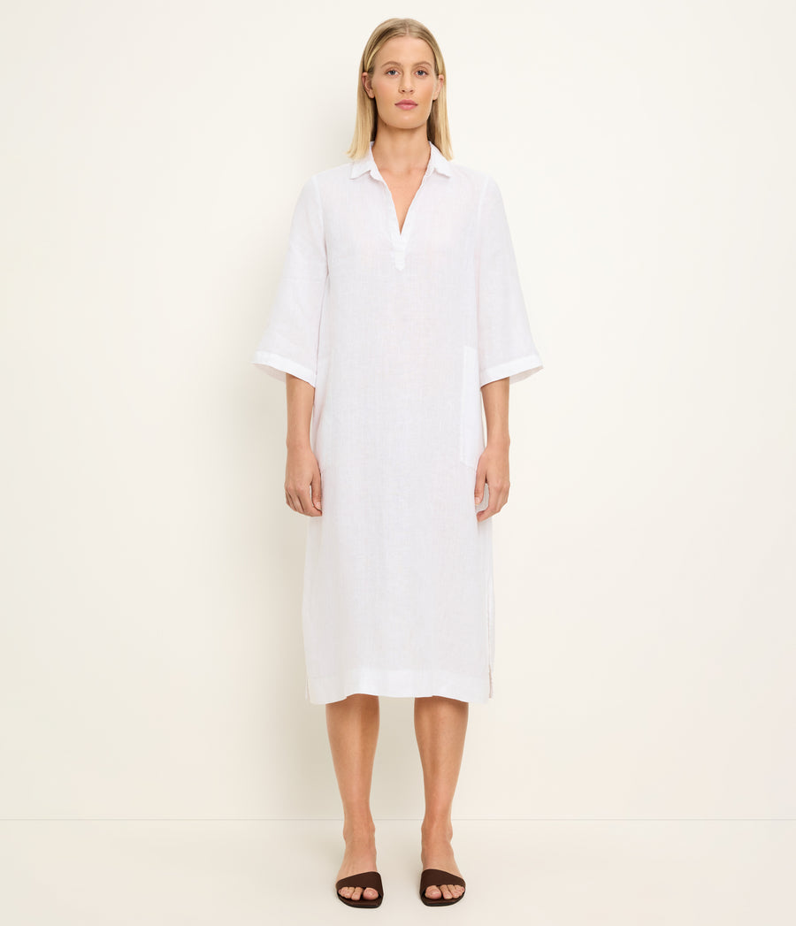 Briony Linen Shirtdress in White Full Body View #WHITE