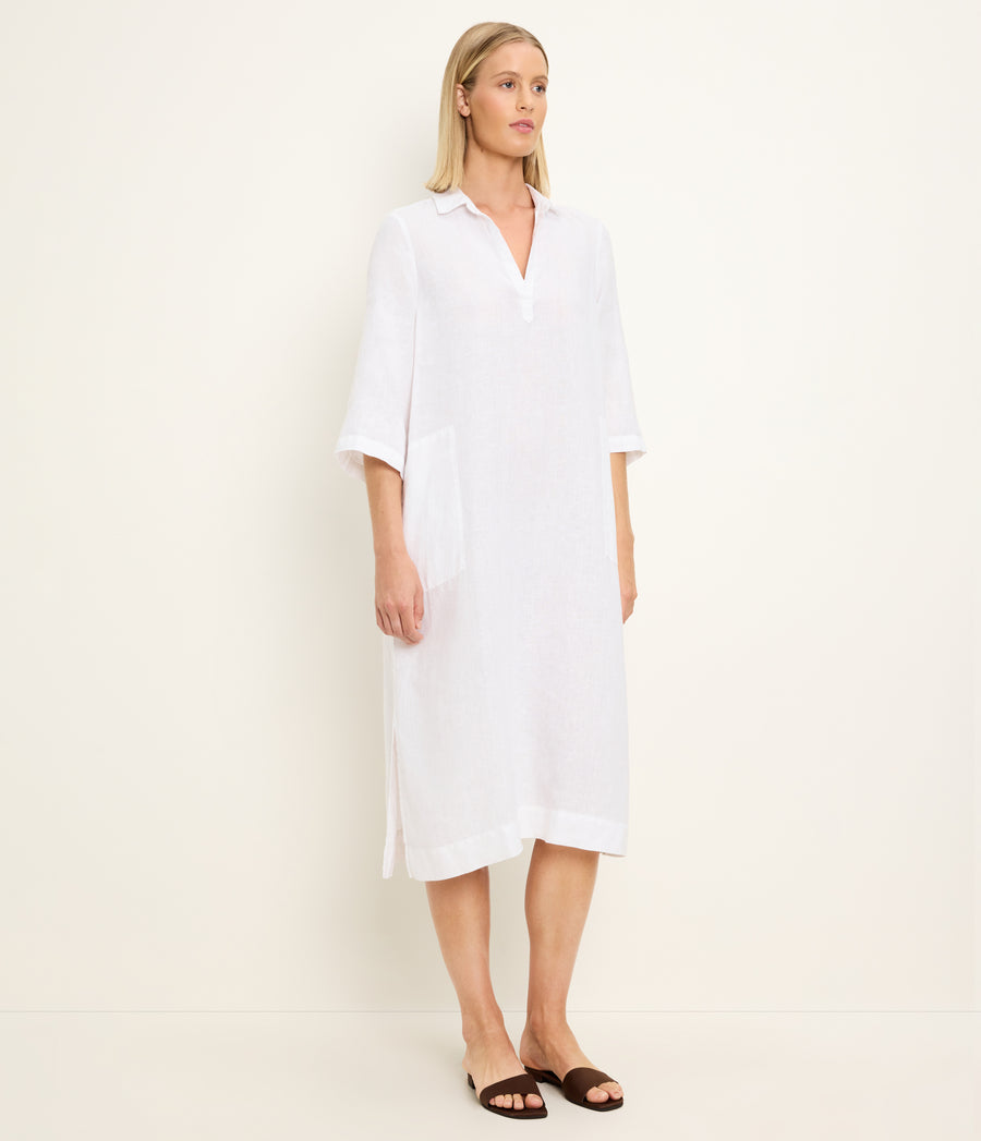 Briony Linen Shirtdress in White Side View #WHITE