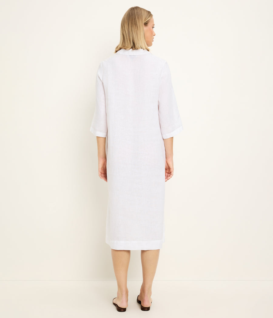 Briony Linen Shirtdress in White Back View  #WHITE
