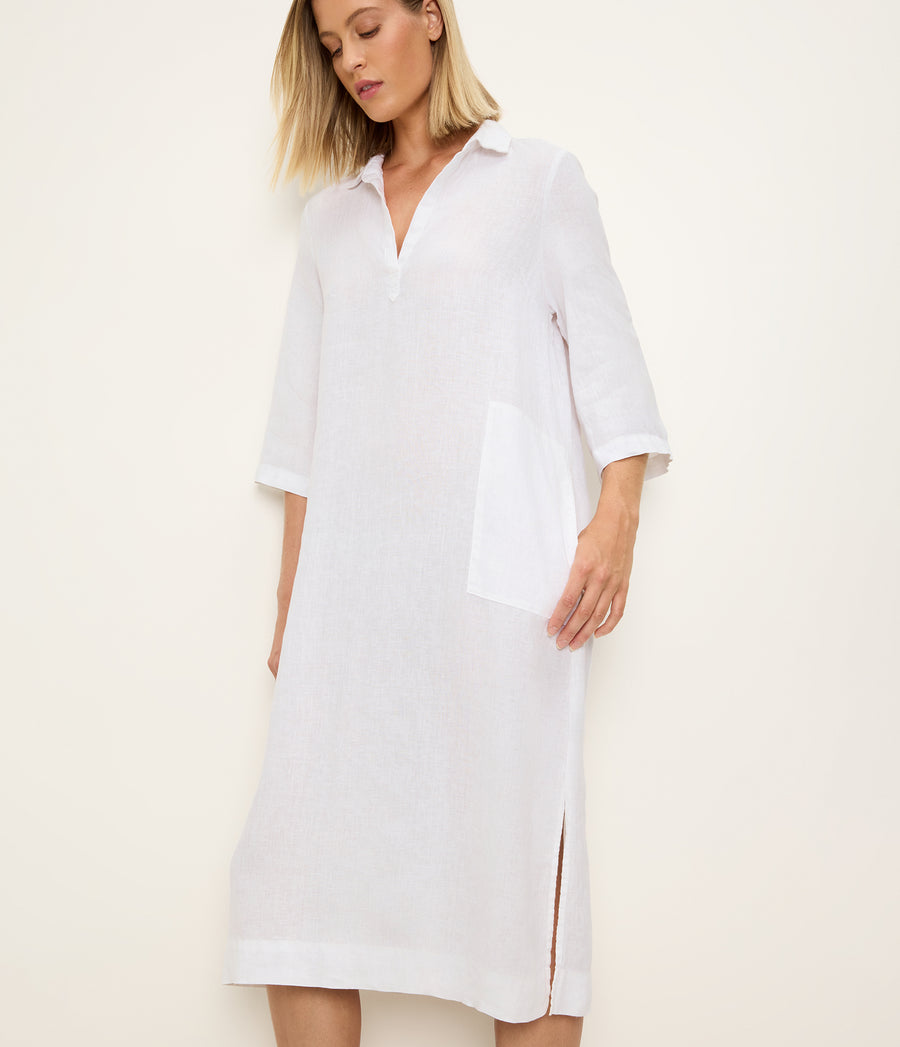 Briony Linen Shirtdress in White Close up View #WHITE