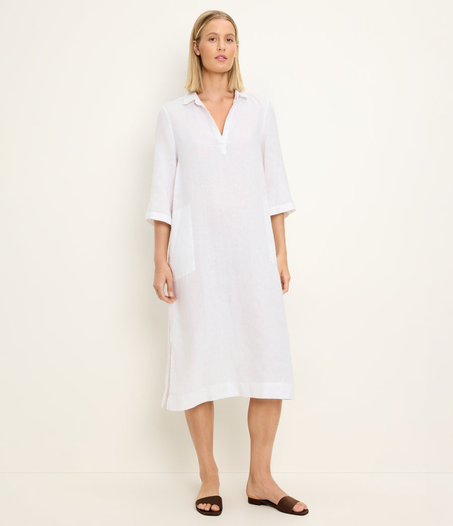Briony Linen Shirtdress in White Full Body View #WHITE