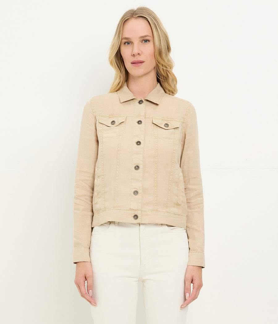 Jean Linen Jacket in  MACADAMIA Beige Full Body View #MACADAMIA
