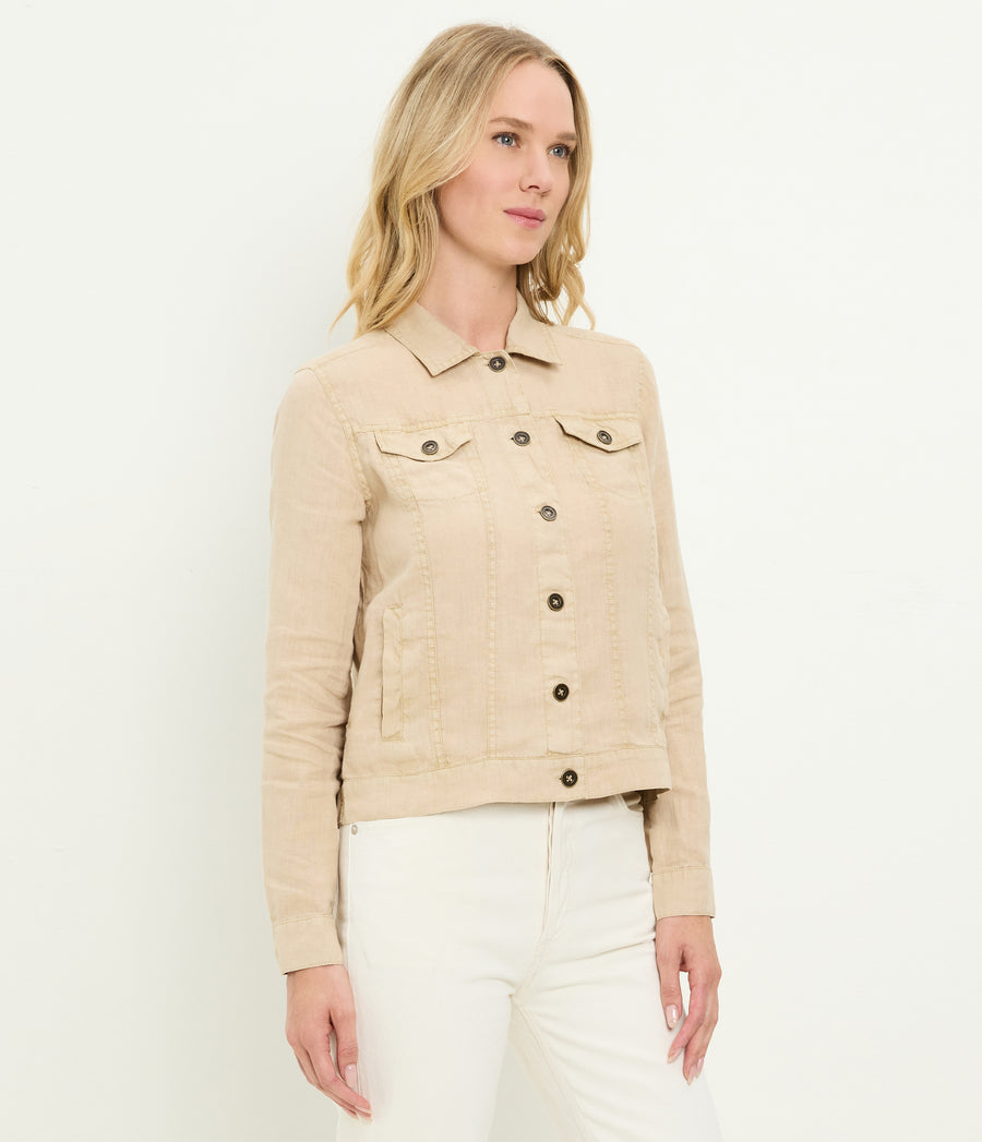 Jean Linen Jacket in  MACADAMIA Beige Side View #MACADAMIA