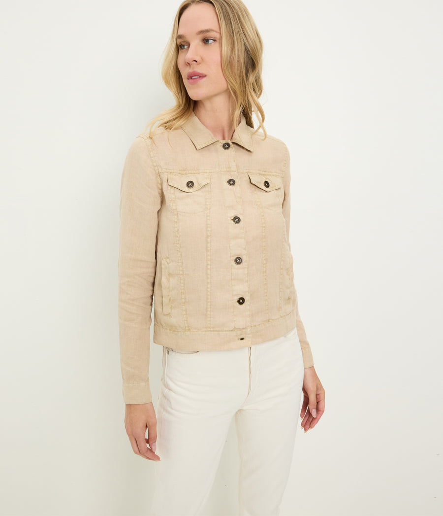 Jean Linen Jacket in  MACADAMIA Beige Full Body View #MACADAMIA