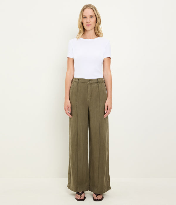 April Linen Trouser in CAPER Green Full Body View #CAPER