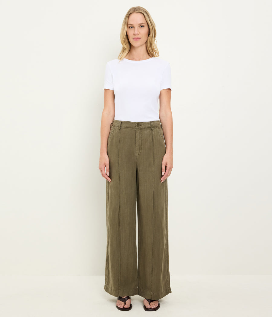 April Linen Trouser in CAPER Green Full Body View #CAPER