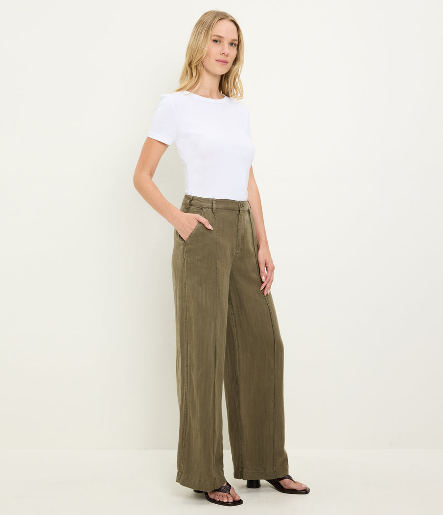April Linen Trouser in CAPER  Green Side View #CAPER