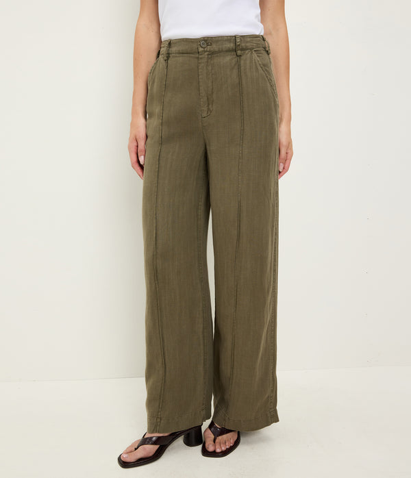 April Linen Trouser in CAPER Green Close up View #CAPER