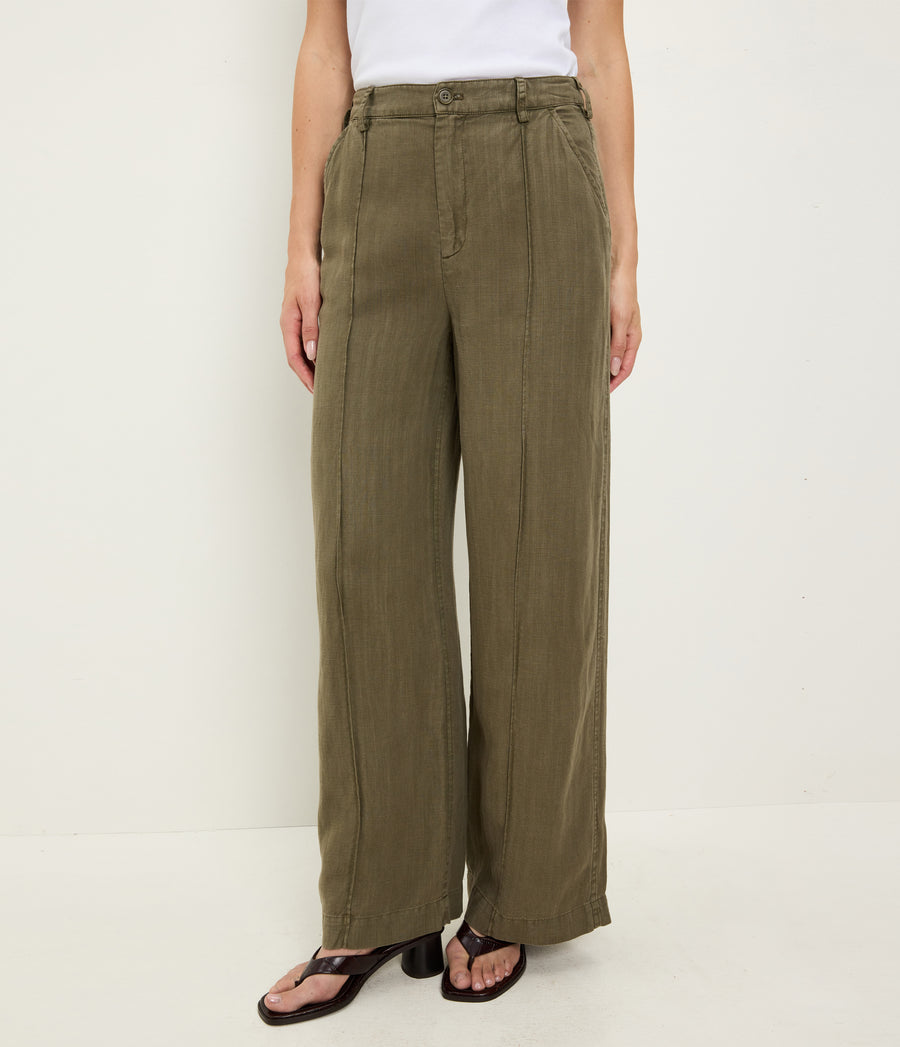 April Linen Trouser in CAPER Green Close up View #CAPER