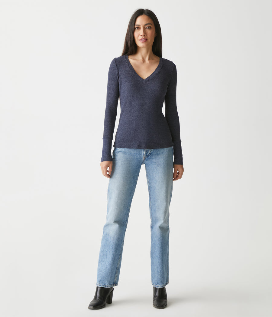Romeo Thermal V-Neck Tee in Admiral Blue Full Body View #ADMIRAL