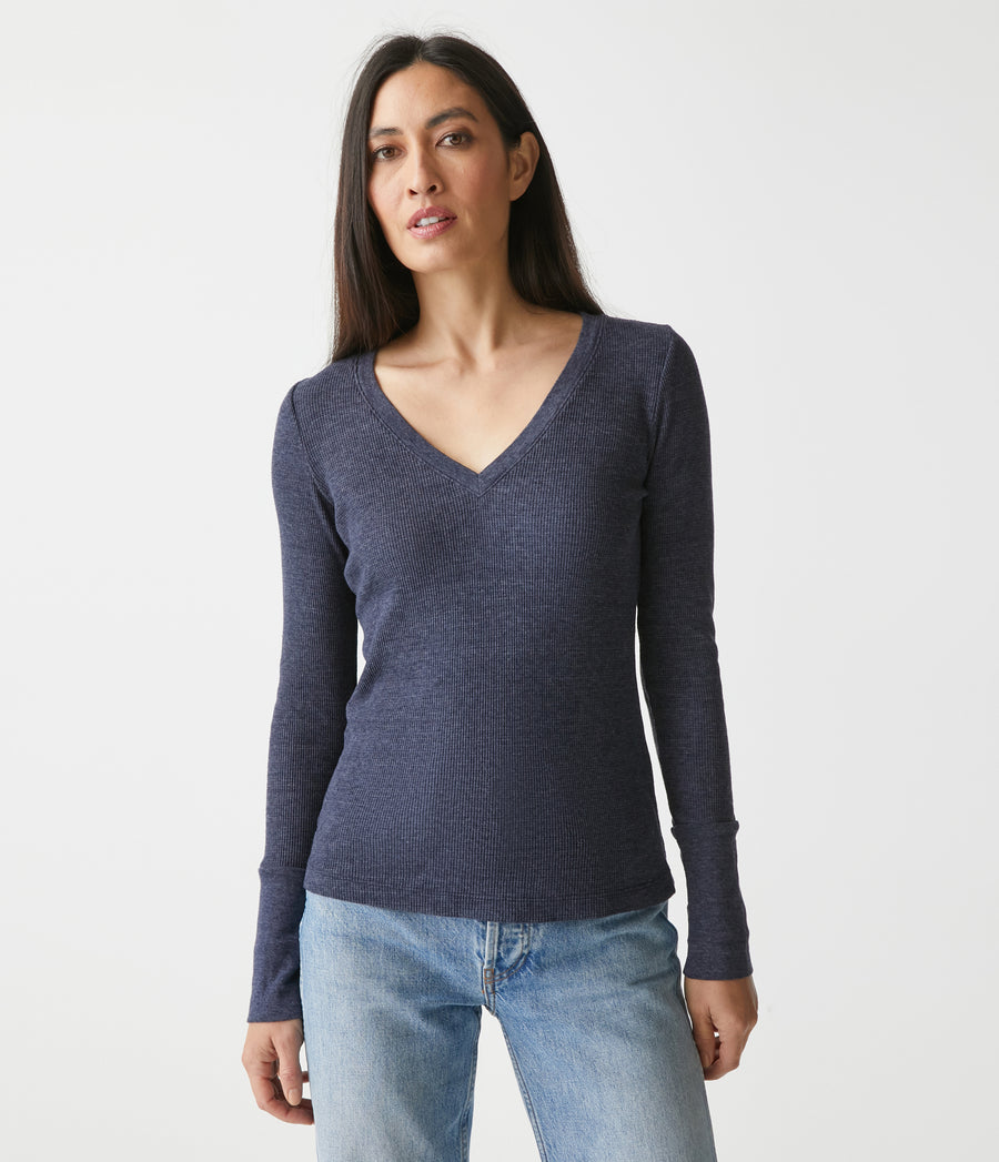 Romeo Thermal V-Neck Tee in Admiral Blue Close Up View #ADMIRAL