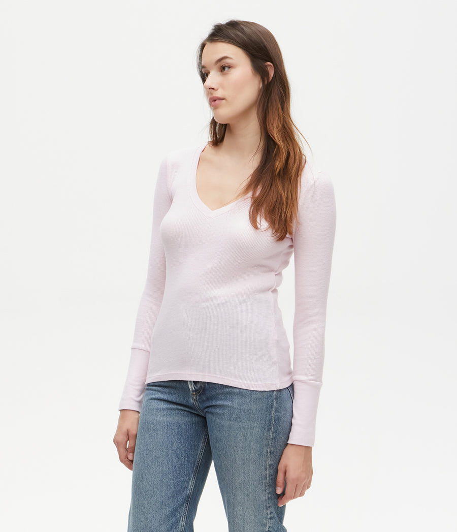 Romeo Thermal V-Neck Tee in Rose Pink Side View #ROSE
