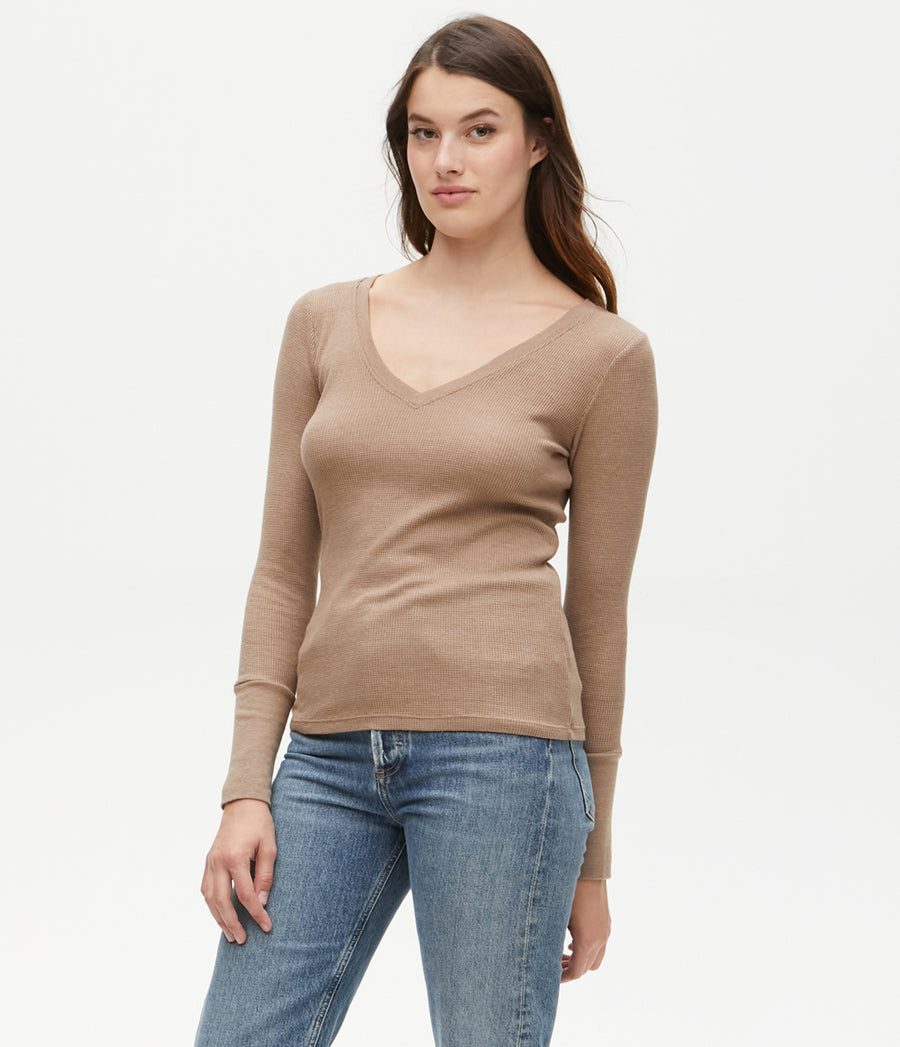Romeo Thermal V-Neck Tee in Safari Brown Side View #SAFARI