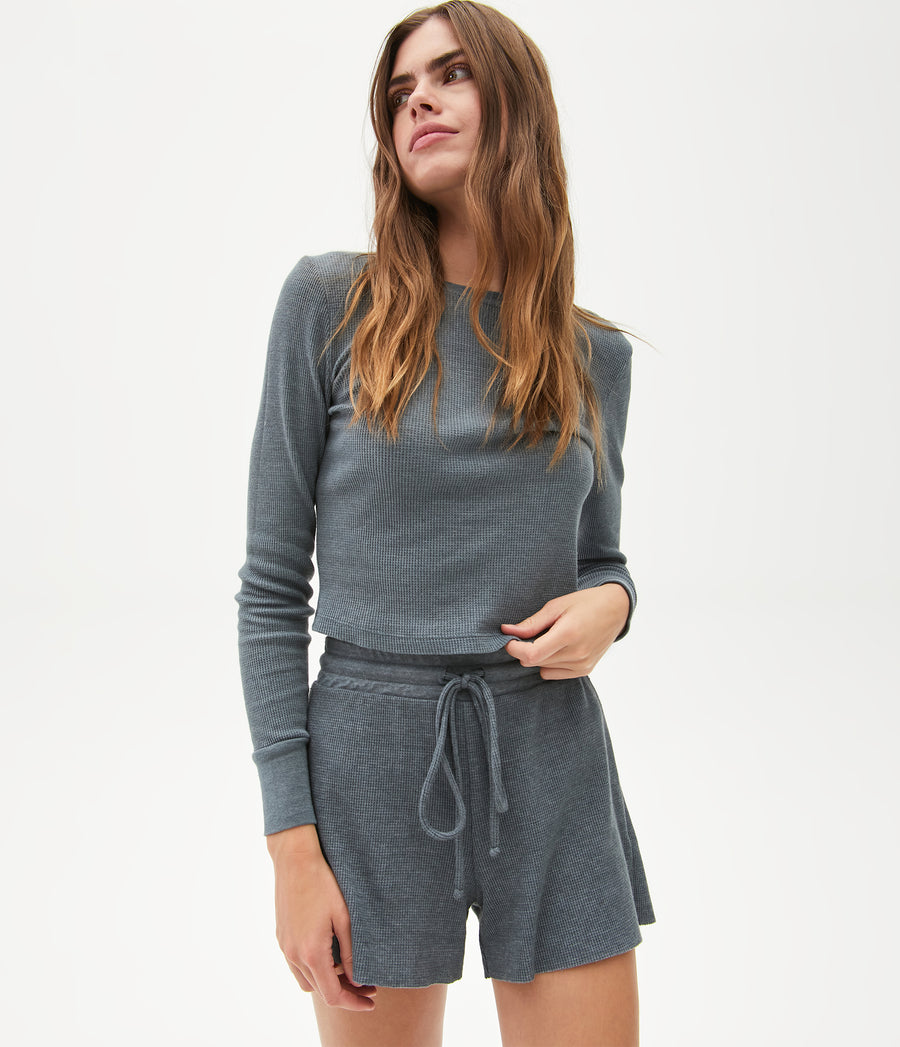 Palmer Cropped Tee in Slate Blue Close Up View #SLATE