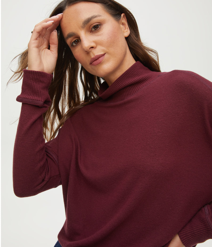 Frida Mock Neck Top in Auburn Purple Close Up View #AUBURN