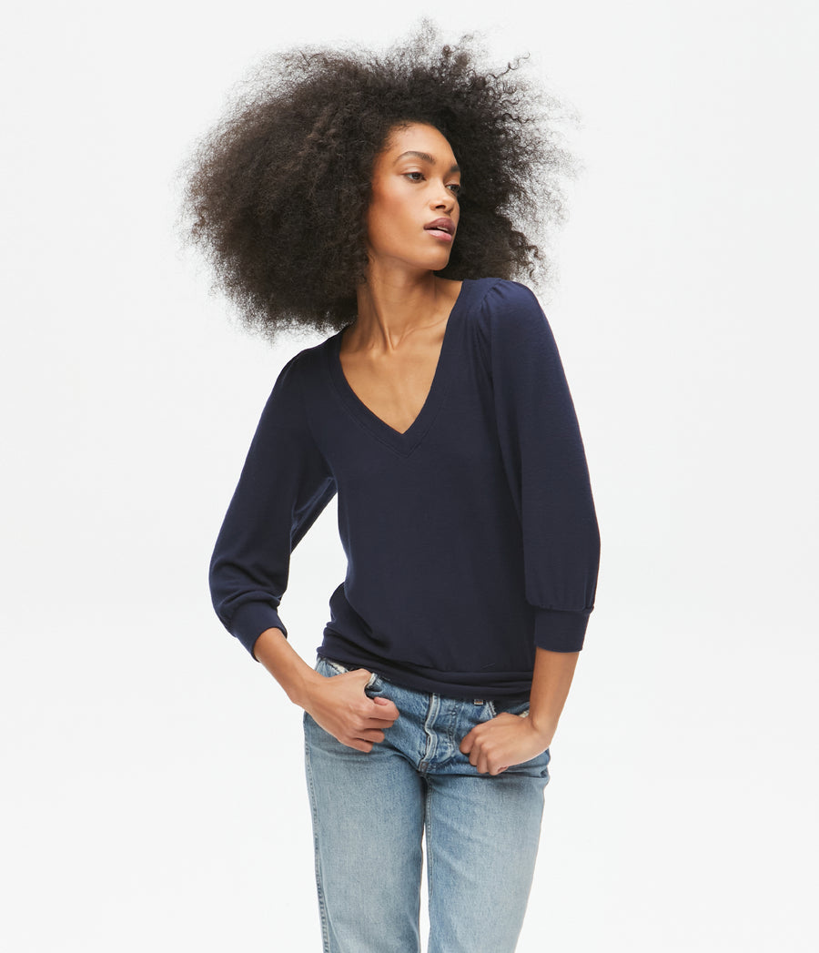 Gabriella V-Neck Top in Admiral Blue Full Body View #ADMIRAL