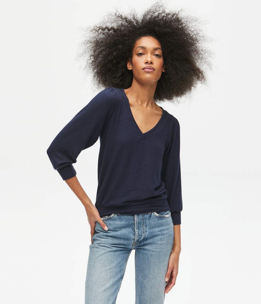 Gabriella V-Neck Top in Admiral Blue Close Up View #ADMIRAL