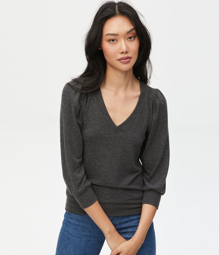 Gabriella V-Neck Top in Charcoal Grey Close Up View #CHARCOAL