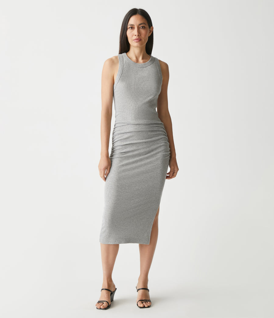 Wren Ribbed Midi Dress in Heather Grey Full Body View #HEATHER GREY