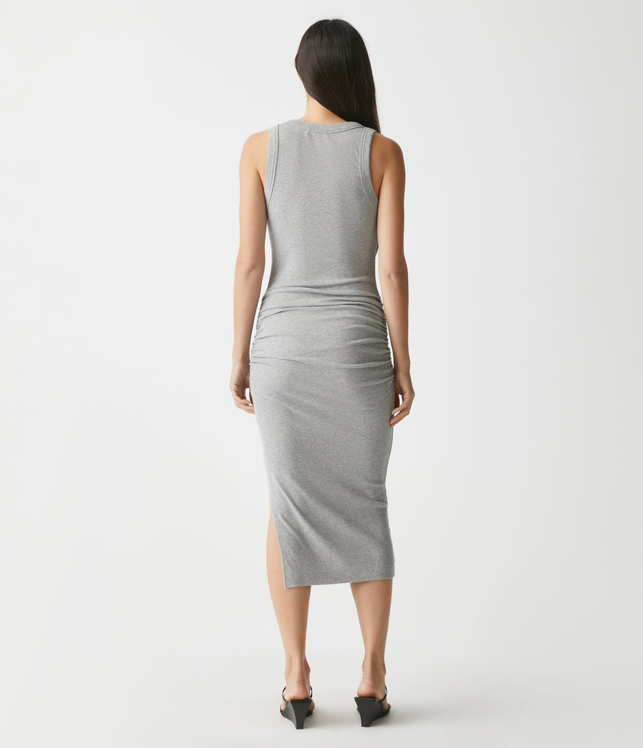 Wren Ribbed Midi Dress in Heather Grey Back View #HEATHER GREY