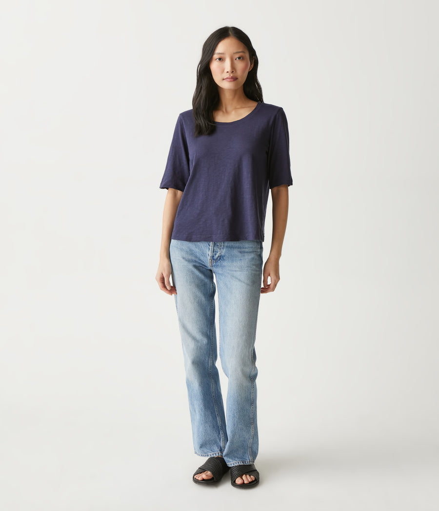 Dua Supima Tee in Admiral Blue Full Body View #ADMIRAL