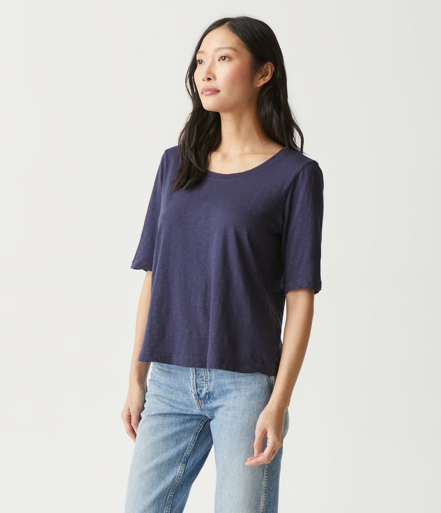 Dua Supima Tee in Admiral Blue Side View #ADMIRAL