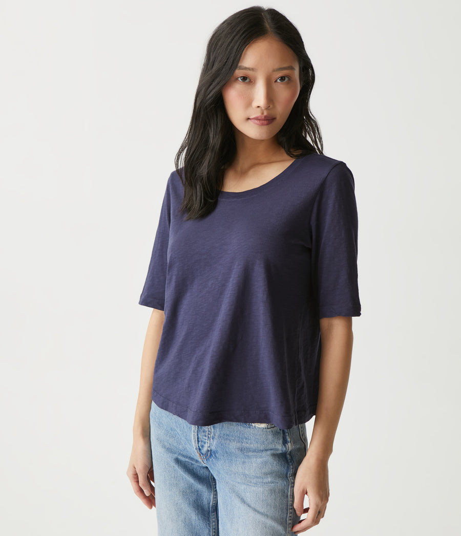 Dua Supima Tee in Admiral Blue Close Up View #ADMIRAL