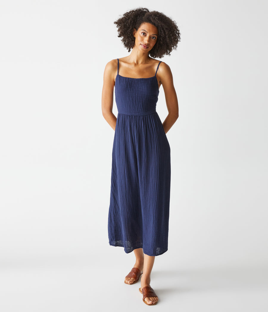 Allora Gauze Dress in Admiral Blue Full Body View #ADMIRAL