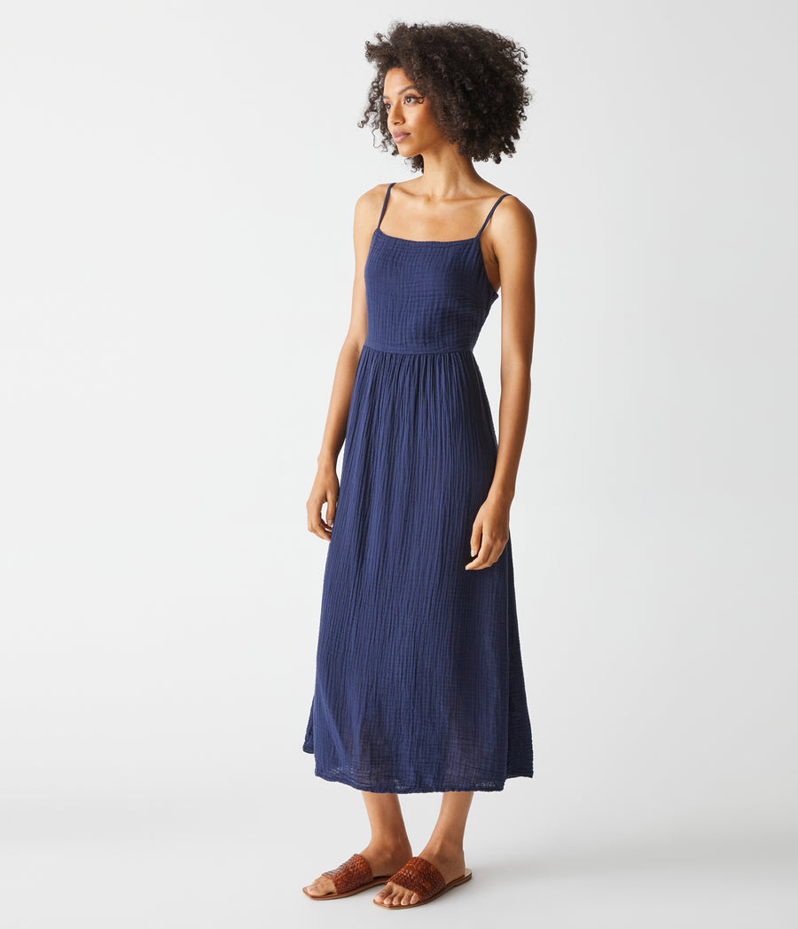 Allora Gauze Dress in Admiral Blue Side View #ADMIRAL