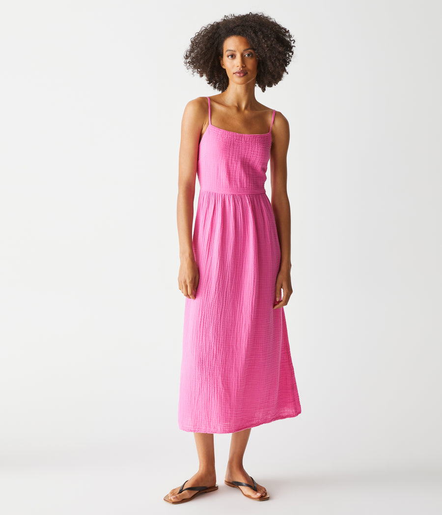Allora Gauze Dress in Azalea Pink Full Body View #AZALEA