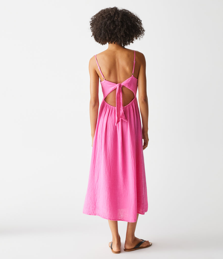 Allora Gauze Dress in Azalea Pink Back View #AZALEA