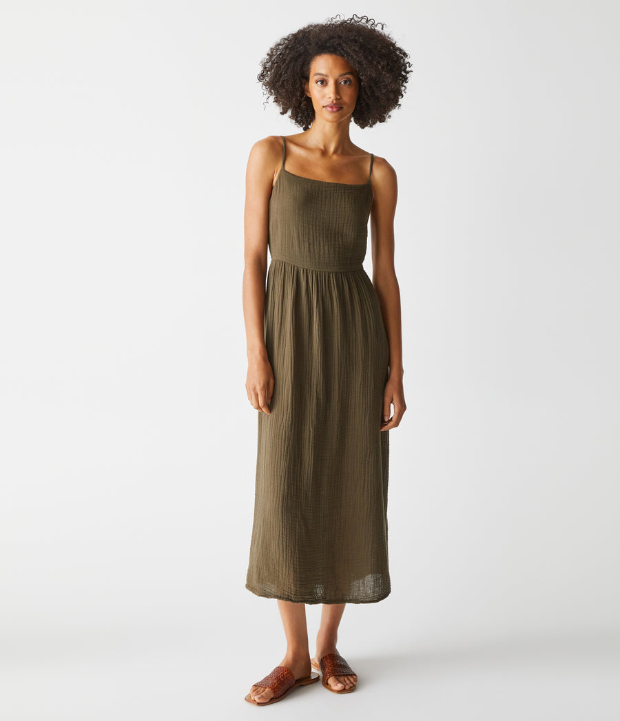 Allora Gauze Dress in Dolma Green Full Body View #DOLMA