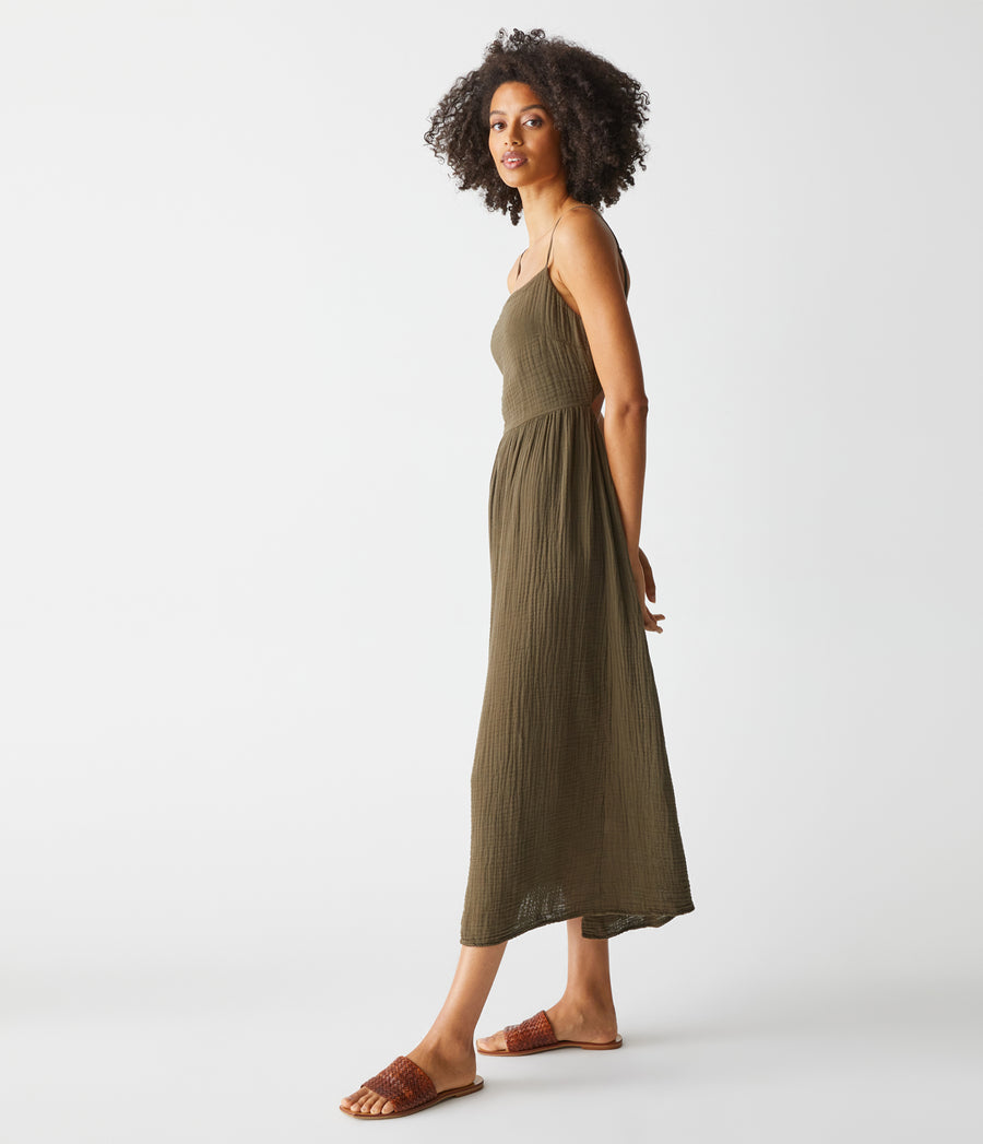 Allora Gauze Dress in Dolma Green Side View #DOLMA