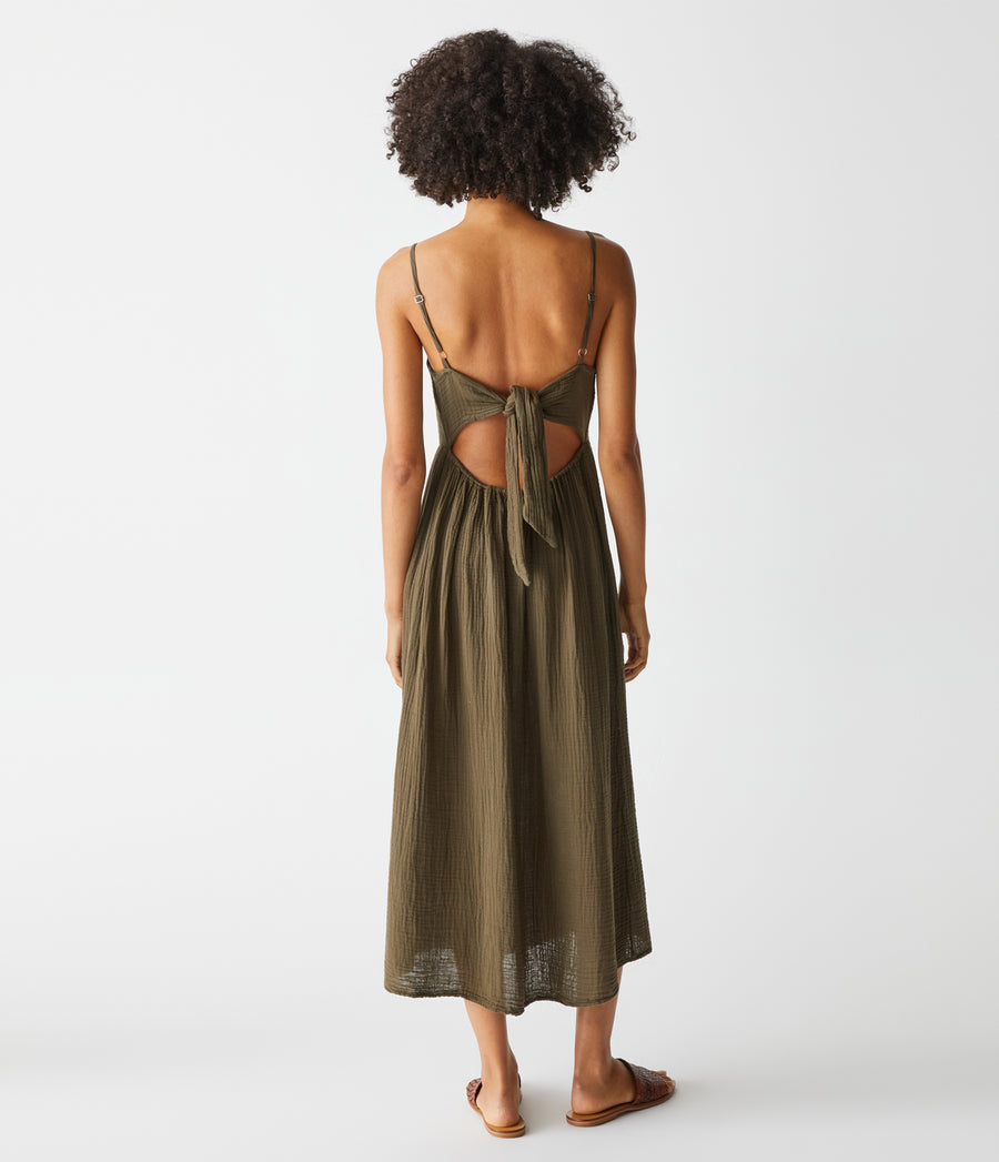 Allora Gauze Dress in Dolma Green Back View #DOLMA