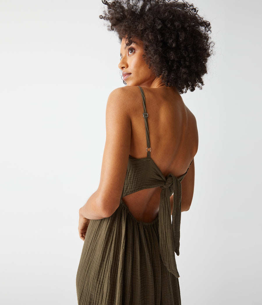 Allora Gauze Dress in Dolma Green Close Up View #DOLMA