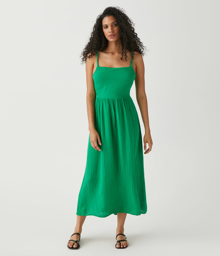 Allora Gauze Dress in Field Green Full Body View #FIELD