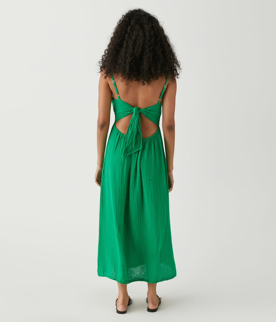 Allora Gauze Dress in Field Green Back View #FIELD