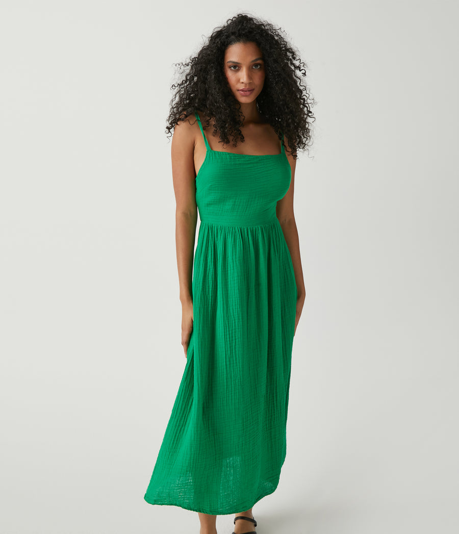 Allora Gauze Dress in Field Green Close Up View #FIELD