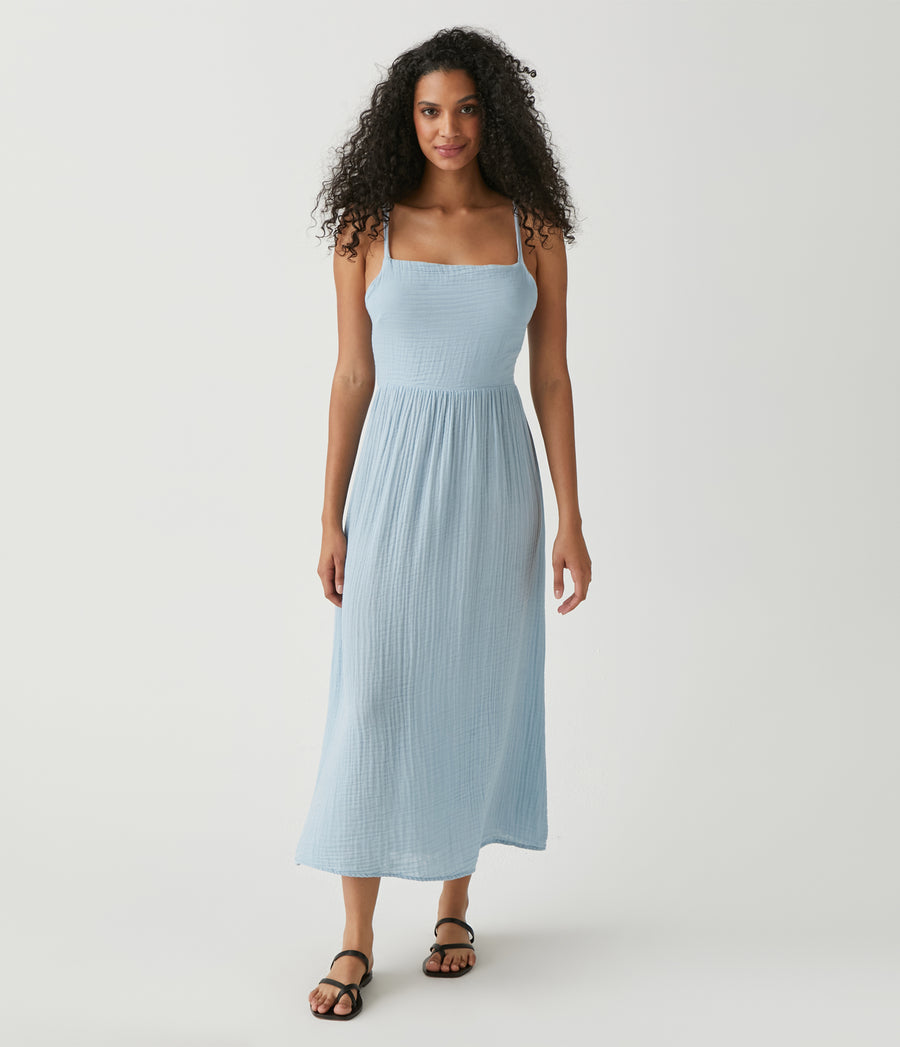 Allora Gauze Dress in Harbor Blue Full Body View #HARBOR