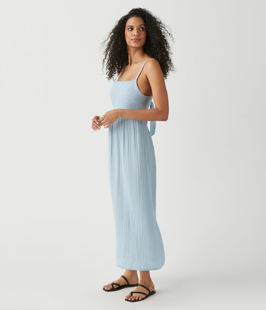 Allora Gauze Dress in Harbor Blue Side View #HARBOR