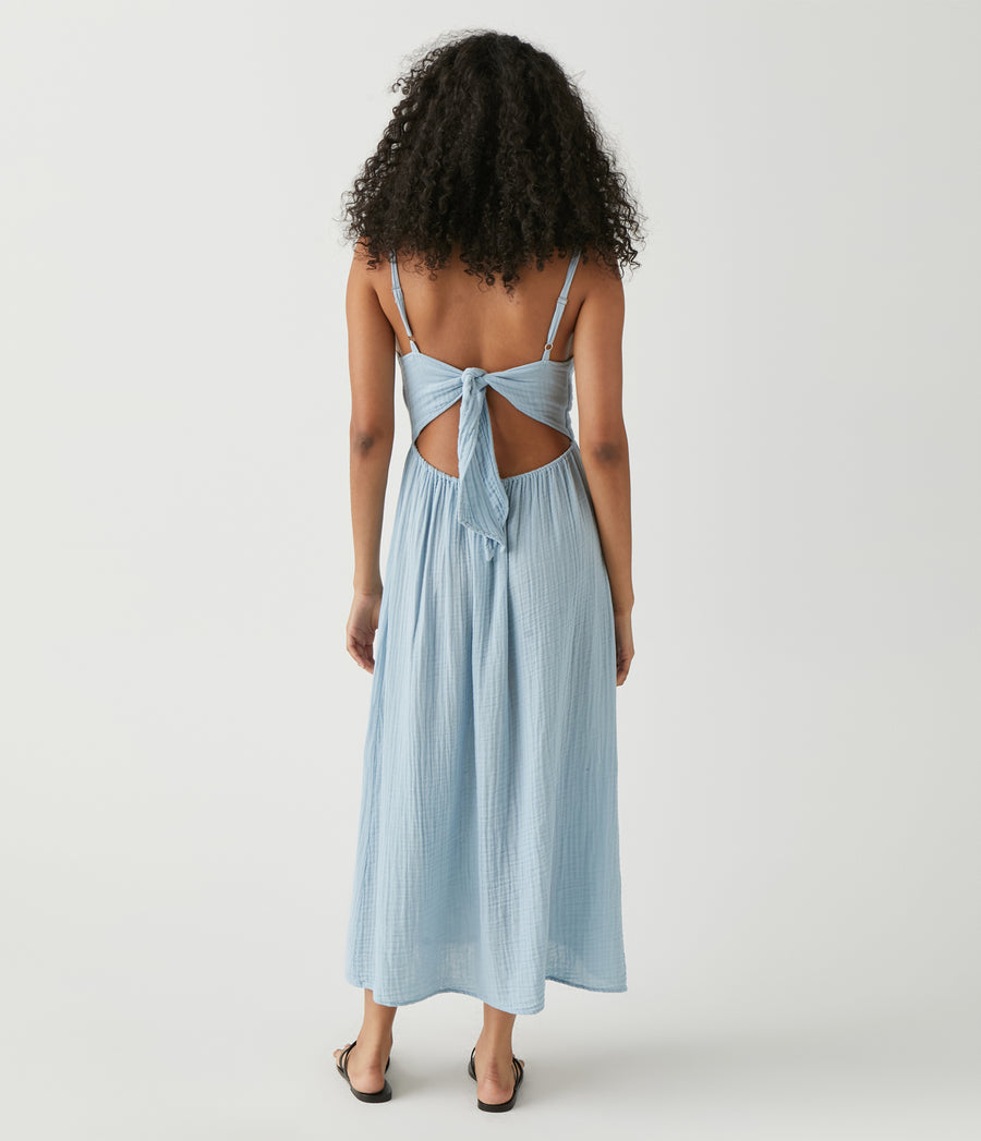 Allora Gauze Dress in Harbor Blue Back View #HARBOR