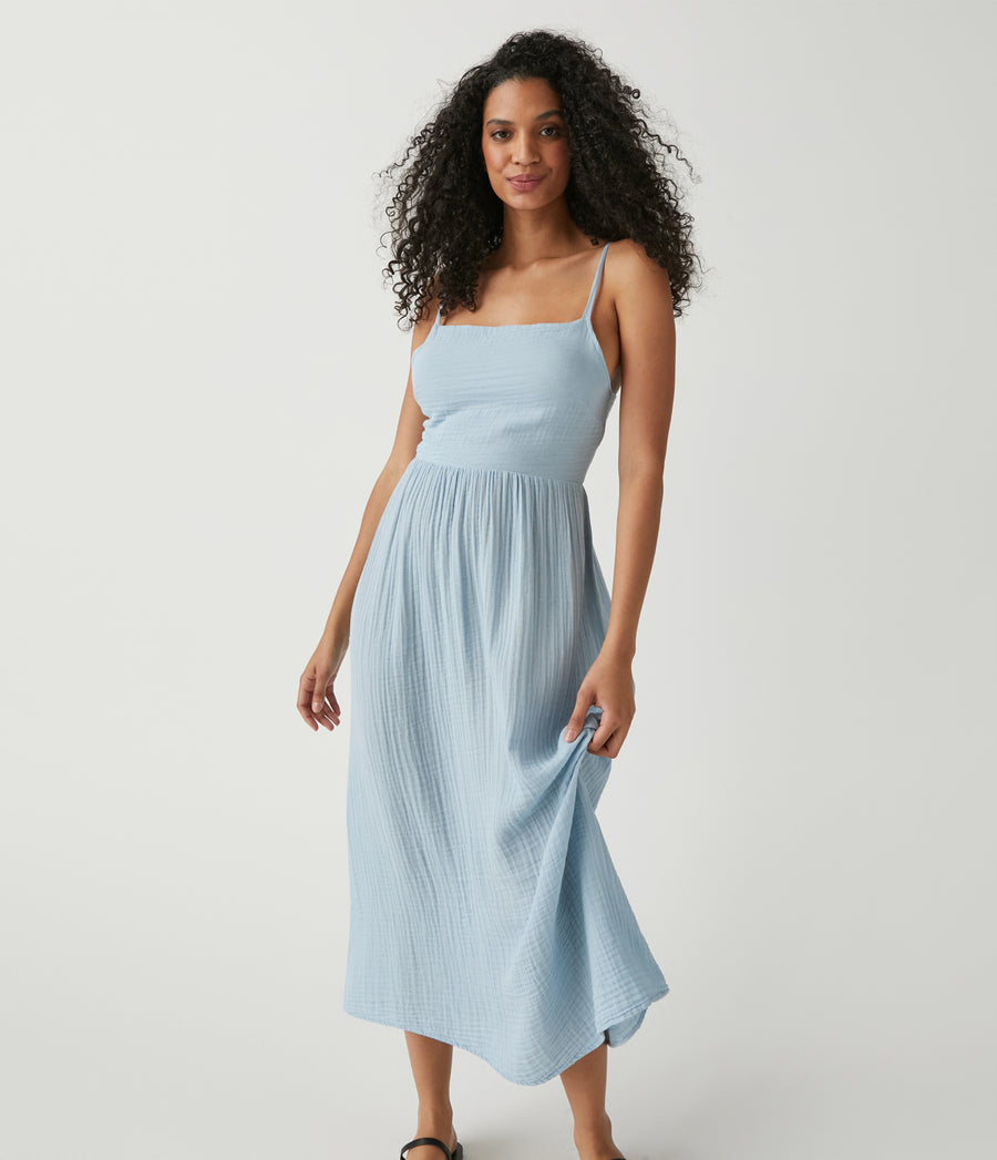 Allora Gauze Dress in Harbor Blue Close Up View #HARBOR
